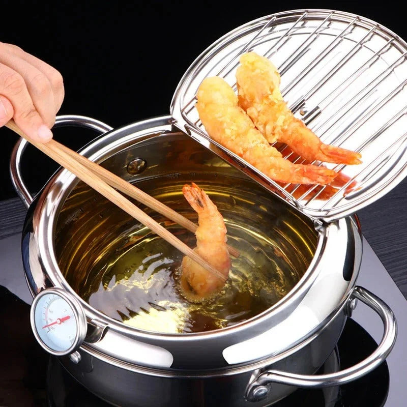 Tempura Pan Stainless Steel Built-In Thermometer Even Heat Distribution