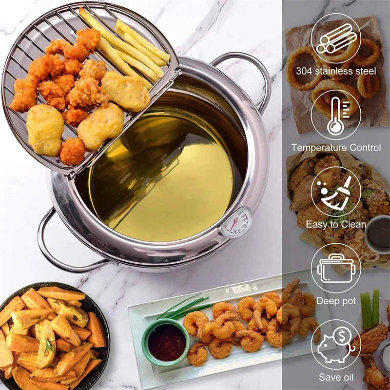 Tempura Pan Stainless Steel Built-In Thermometer Even Heat Distribution