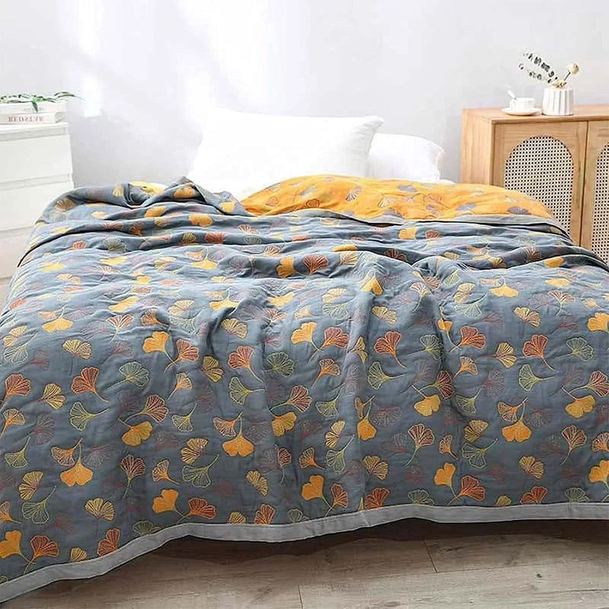 Throw Blanket Reversible Ginkgo Leaf Machine Washable