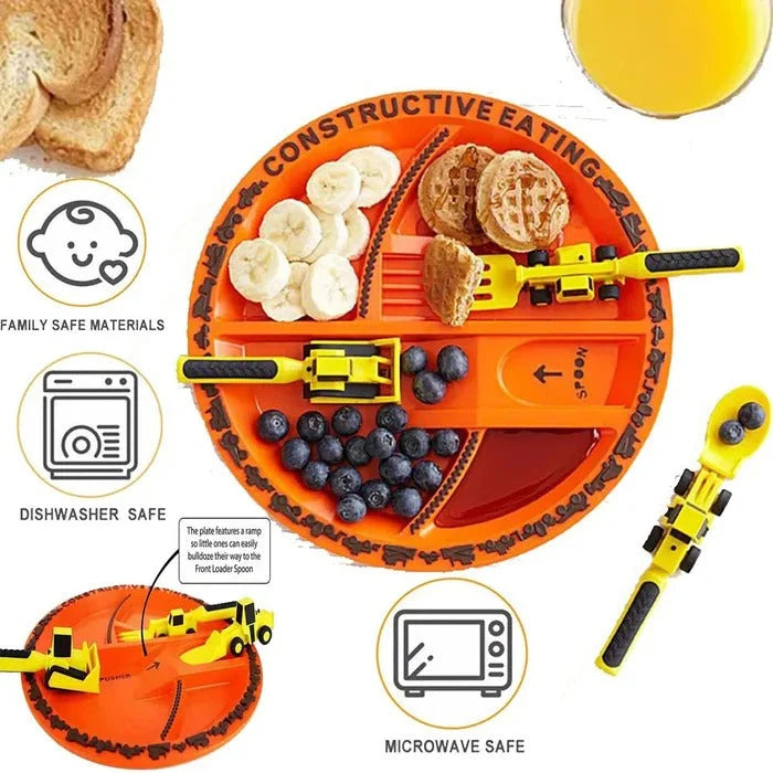 Toddler Dinnerware Set Sectioned Plate Soft-Grip Utensils Dishwasher-Safe