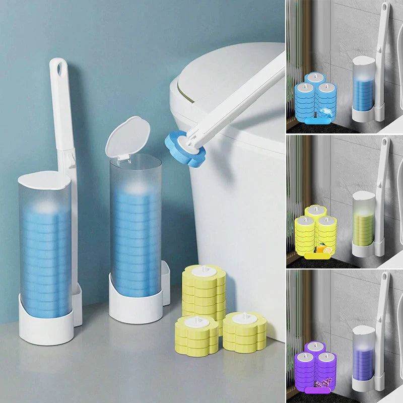 Toilet Brush Pre-Filled Disposable Heads Ergonomic Handle & Holder