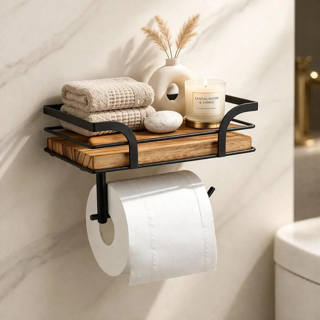 Toilet Paper Holder Wall-Mounted Shelf Space-Saving