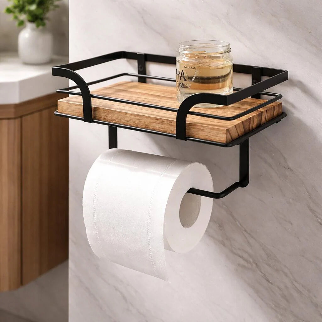 Toilet Paper Holder Wall-Mounted Shelf Space-Saving