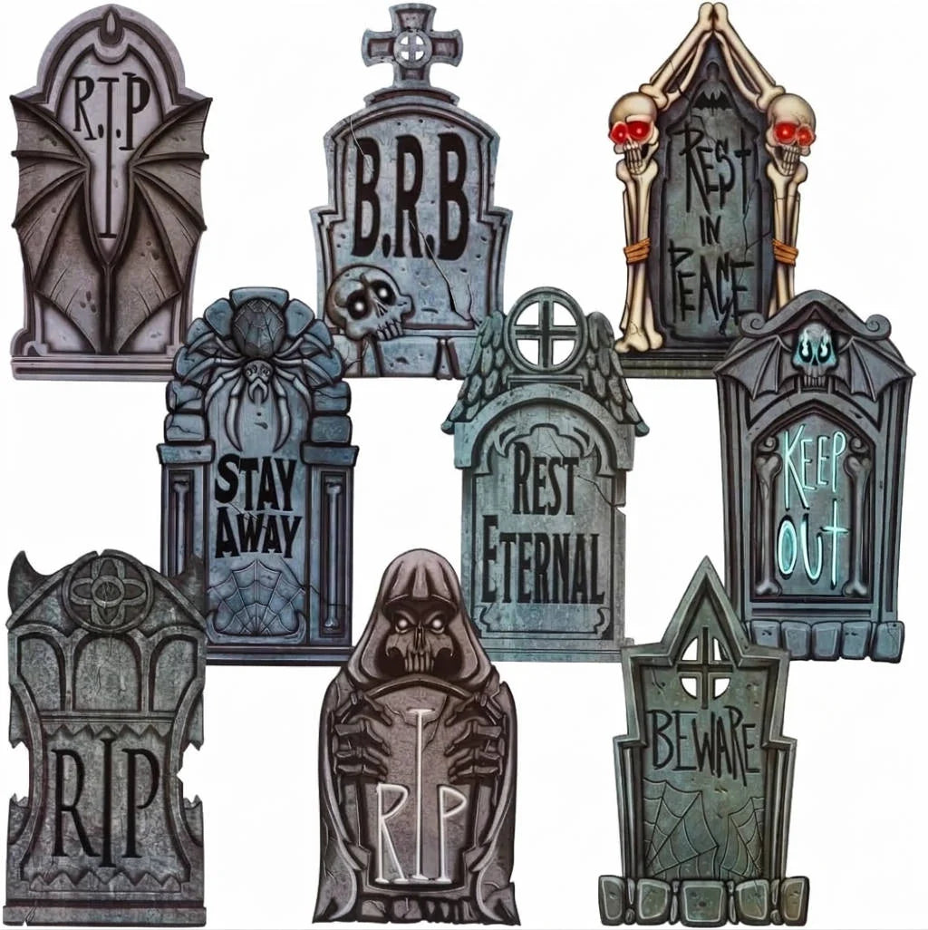 Tombstone Set 9-Piece Weather-Resistant Plastic With Metal Stakes