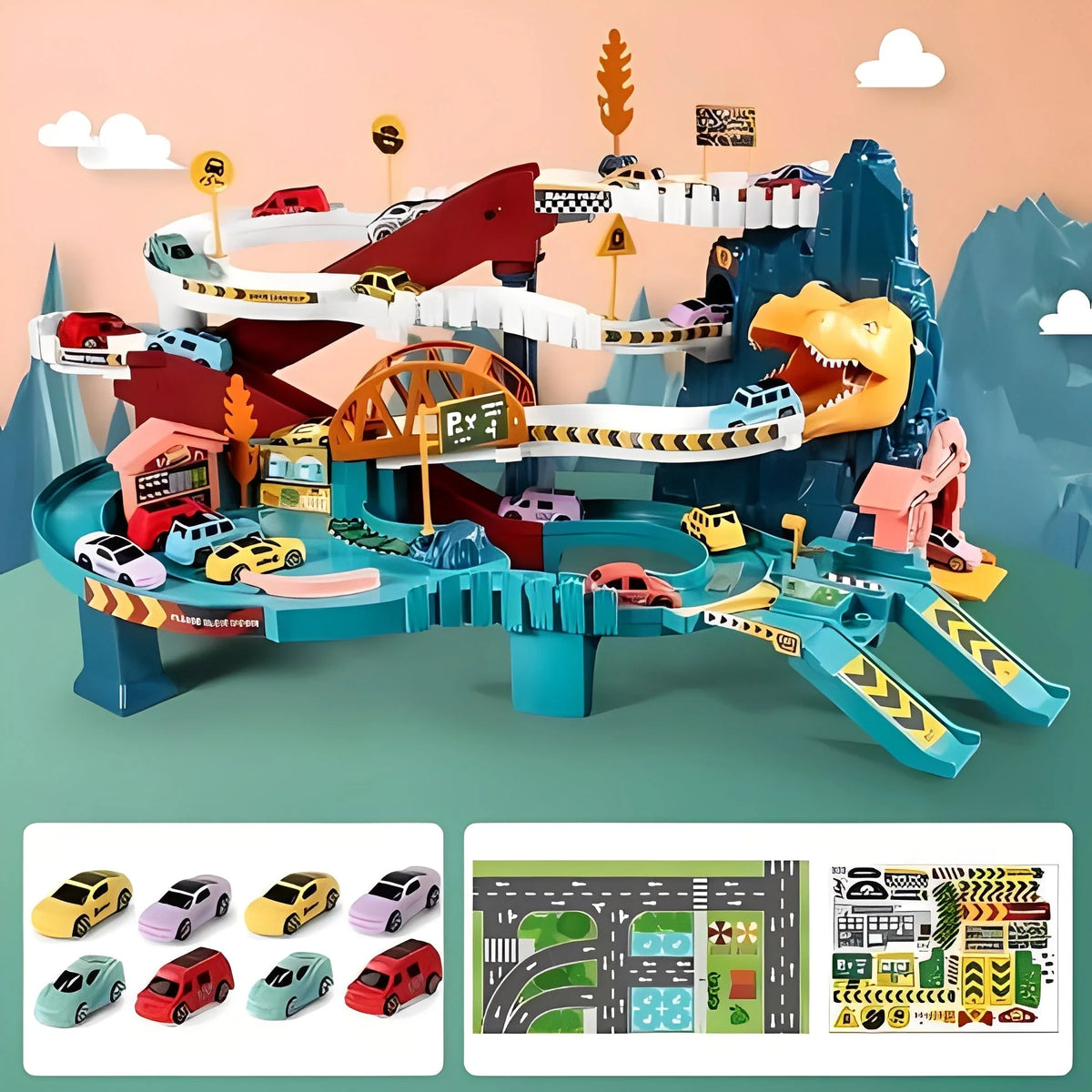 Toy Car Track Playset Multi-Level 8 Cars Included