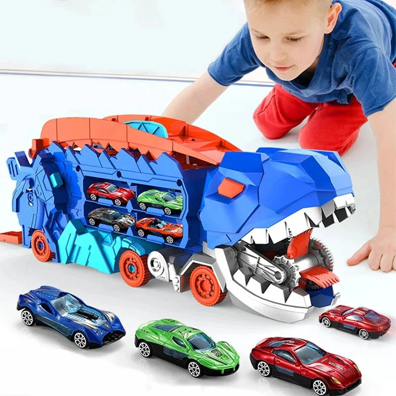 Toy Playset Convertible Truck Dinosaur Dual Racing Tracks Car Storage