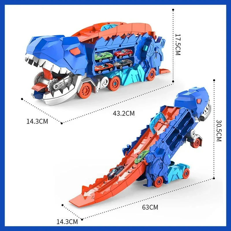 Toy Playset Convertible Truck Dinosaur Dual Racing Tracks Car Storage