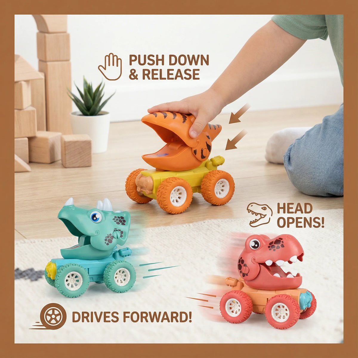 Toy Truck Dinosaur Design Push-Activated Drive