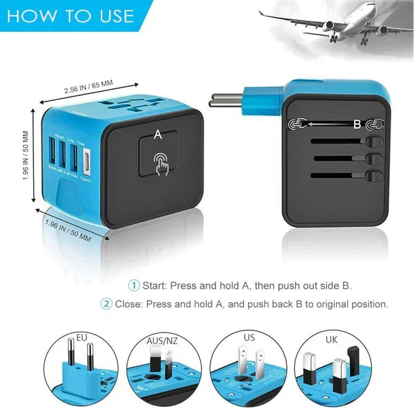 Travel Adapter Universal 4 USB Ports Surge Protection