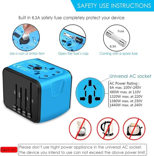 Travel Adapter Universal 4 USB Ports Surge Protection