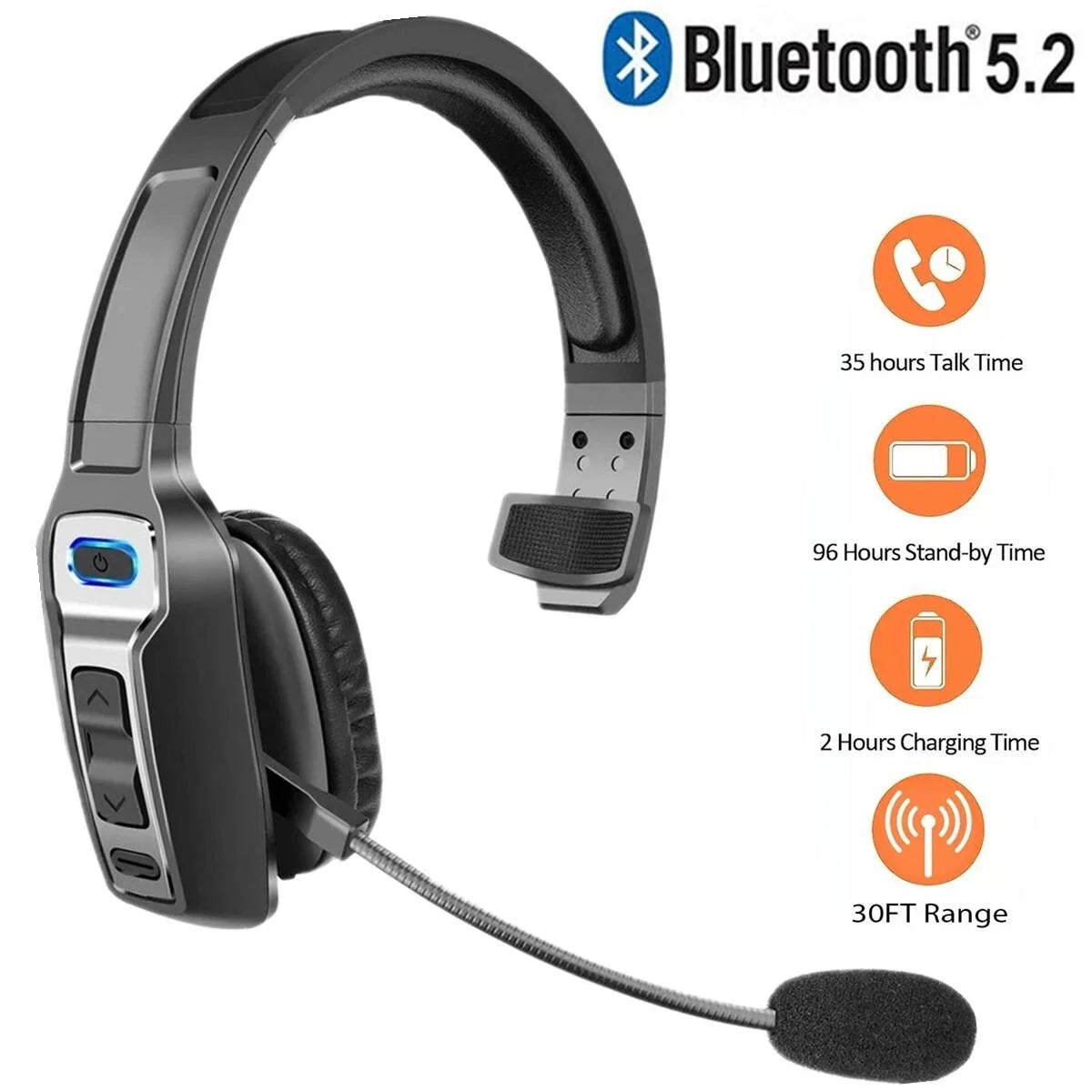 Trucker Headset Noise-Canceling Mic Bluetooth 5.2 35-Hour