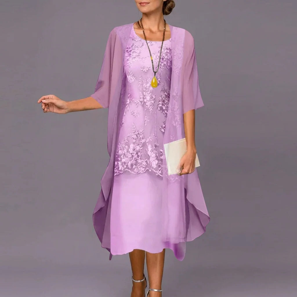 Two-Piece Dress Adjustable Layered Chiffon & Lace Accents
