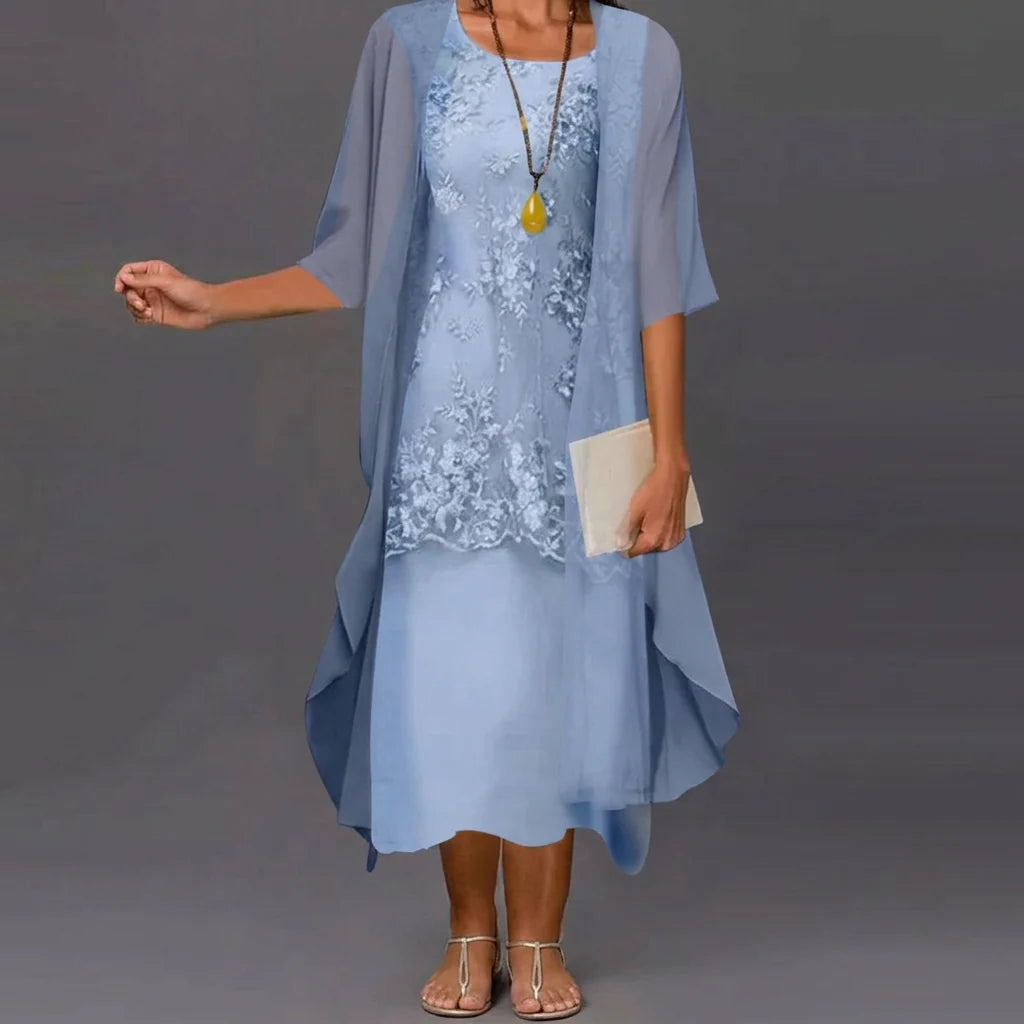 Two-Piece Dress Adjustable Layered Chiffon & Lace Accents