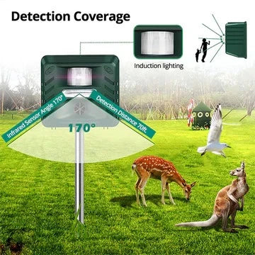 Ultrasonic Animal Repeller Motion-Activated Solar-Powered 70 Foot Range