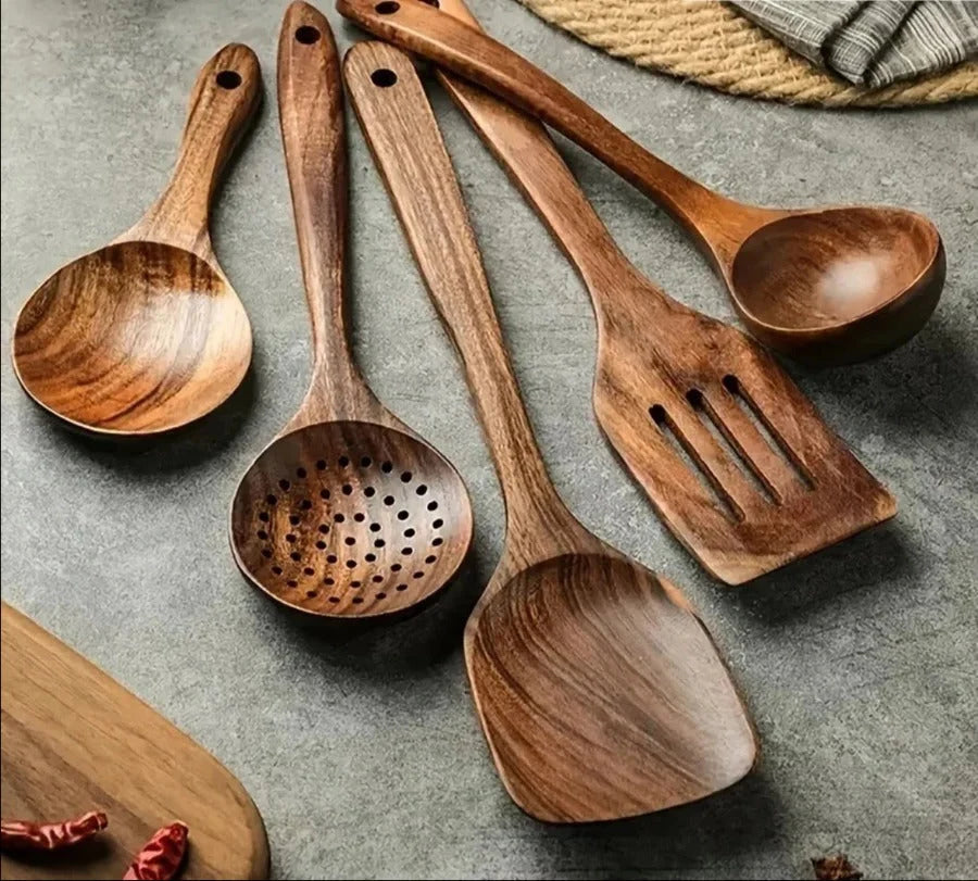Utensil Set Teak Wood Pan-Safe Five Or Seven Pieces