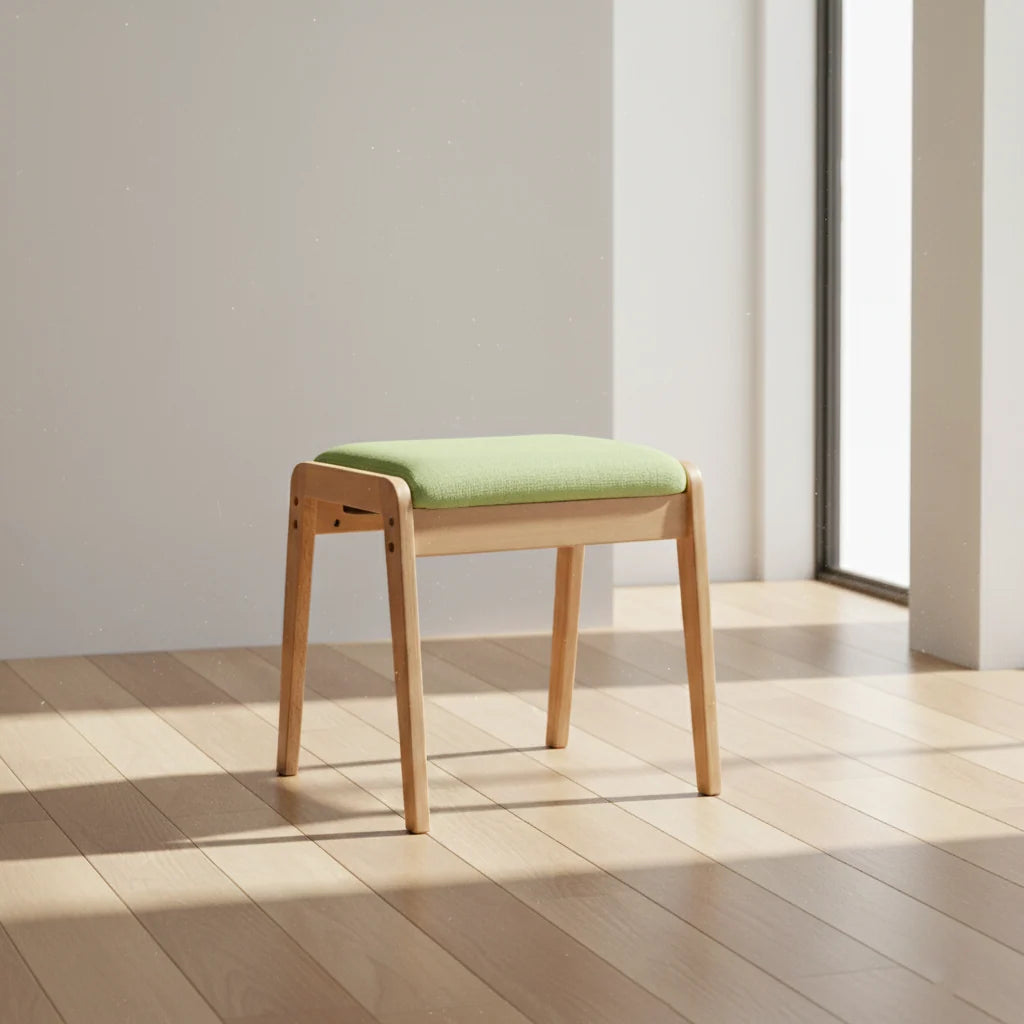 Vanity Stool Solid Wood Frame Padded Linen Seat Space-Saving Design