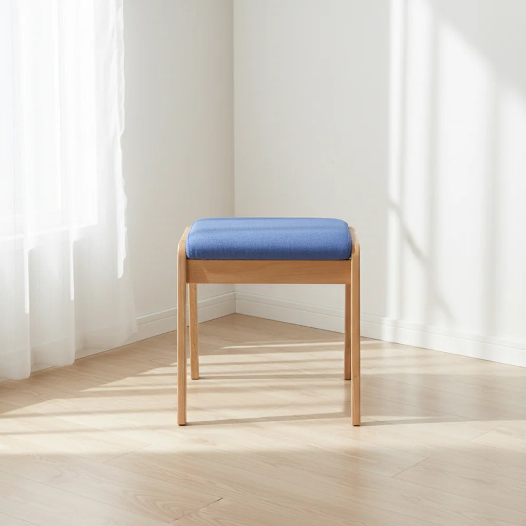 Vanity Stool Solid Wood Frame Padded Linen Seat Space-Saving Design