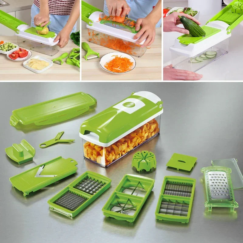 Vegetable Cutter 12-in-1 Stainless Steel Blades & Container