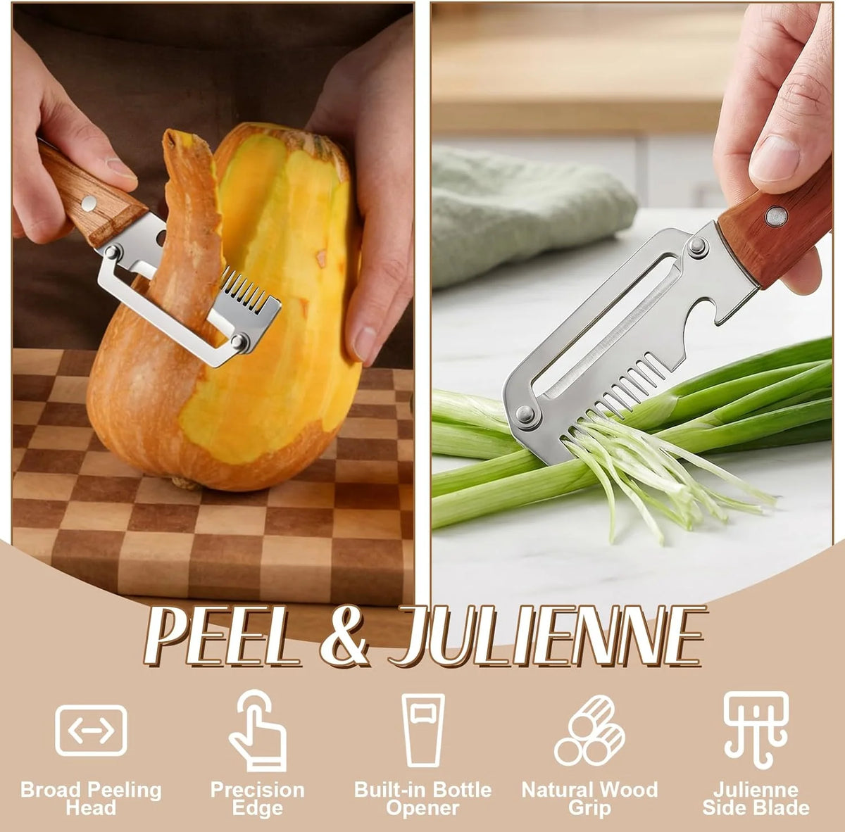 Vegetable Peeler Wide Blade & Julienne Edge Wooden Handle
