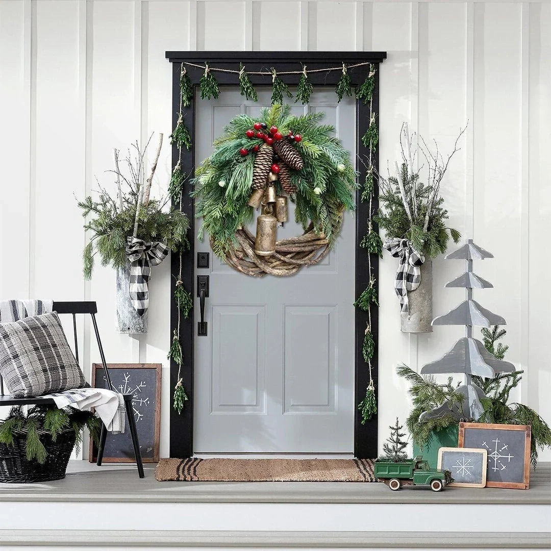 Vine Wreath Weather-Resistant Golden Bells & Pinecones 17 Inch