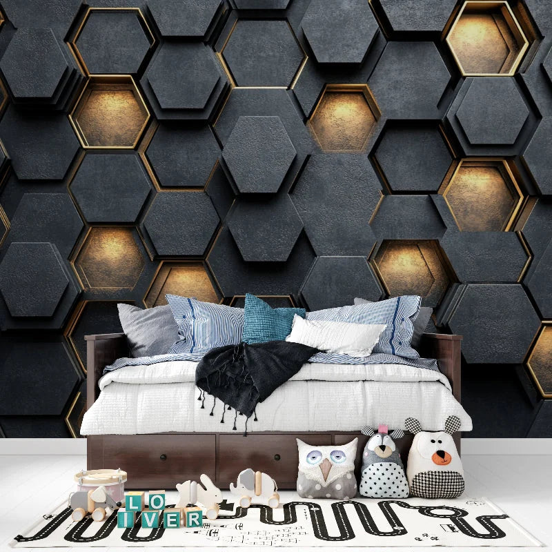 Wallpaper 3D Embossed Hexagon Black & Gold Self-Adhesive Option