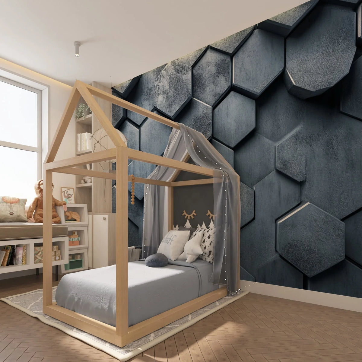 Wallpaper Non-Woven 3D Honeycomb Metallic Gray Peel & Stick