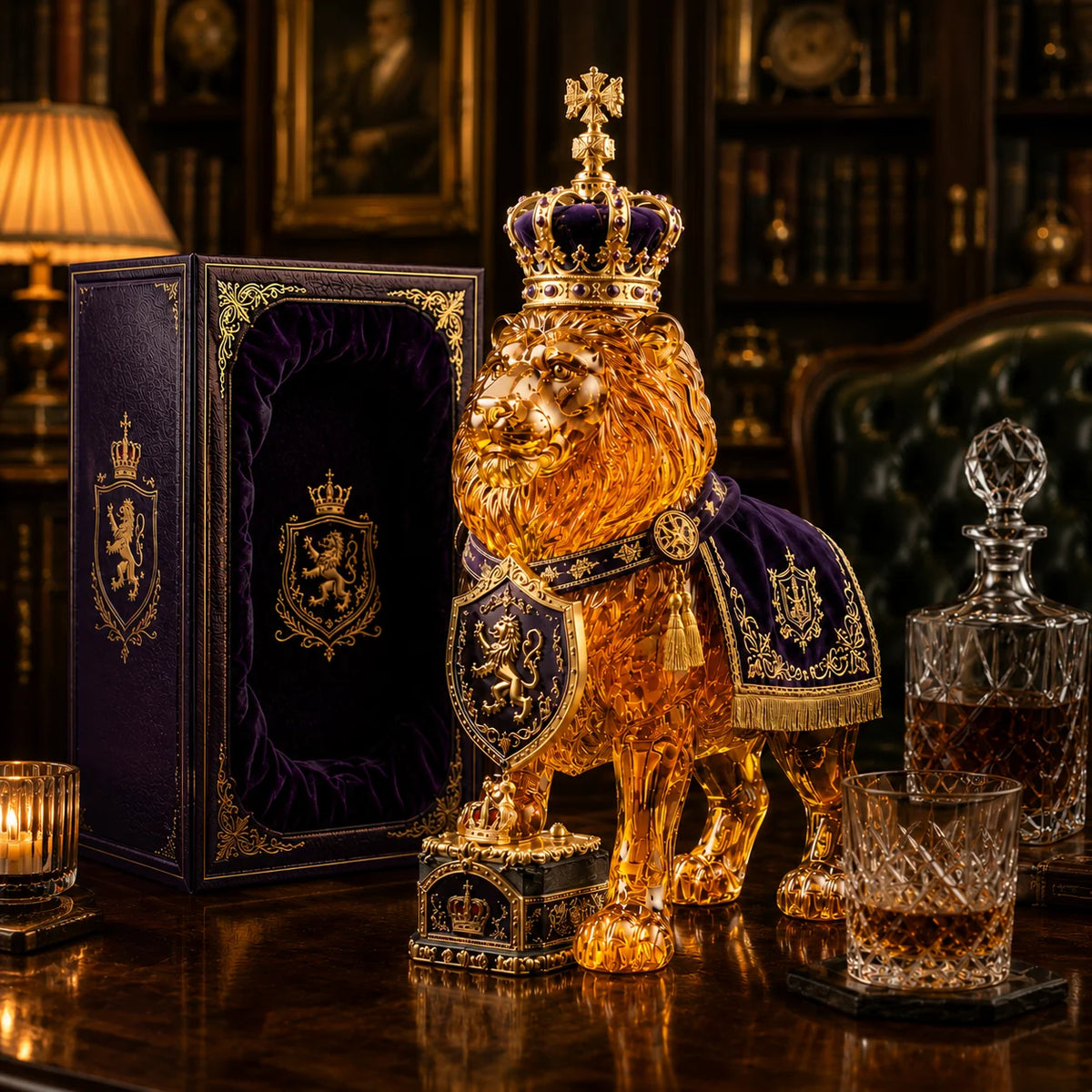 Whiskey Decanter Sculpted Lion Design 11.8 Oz Glass