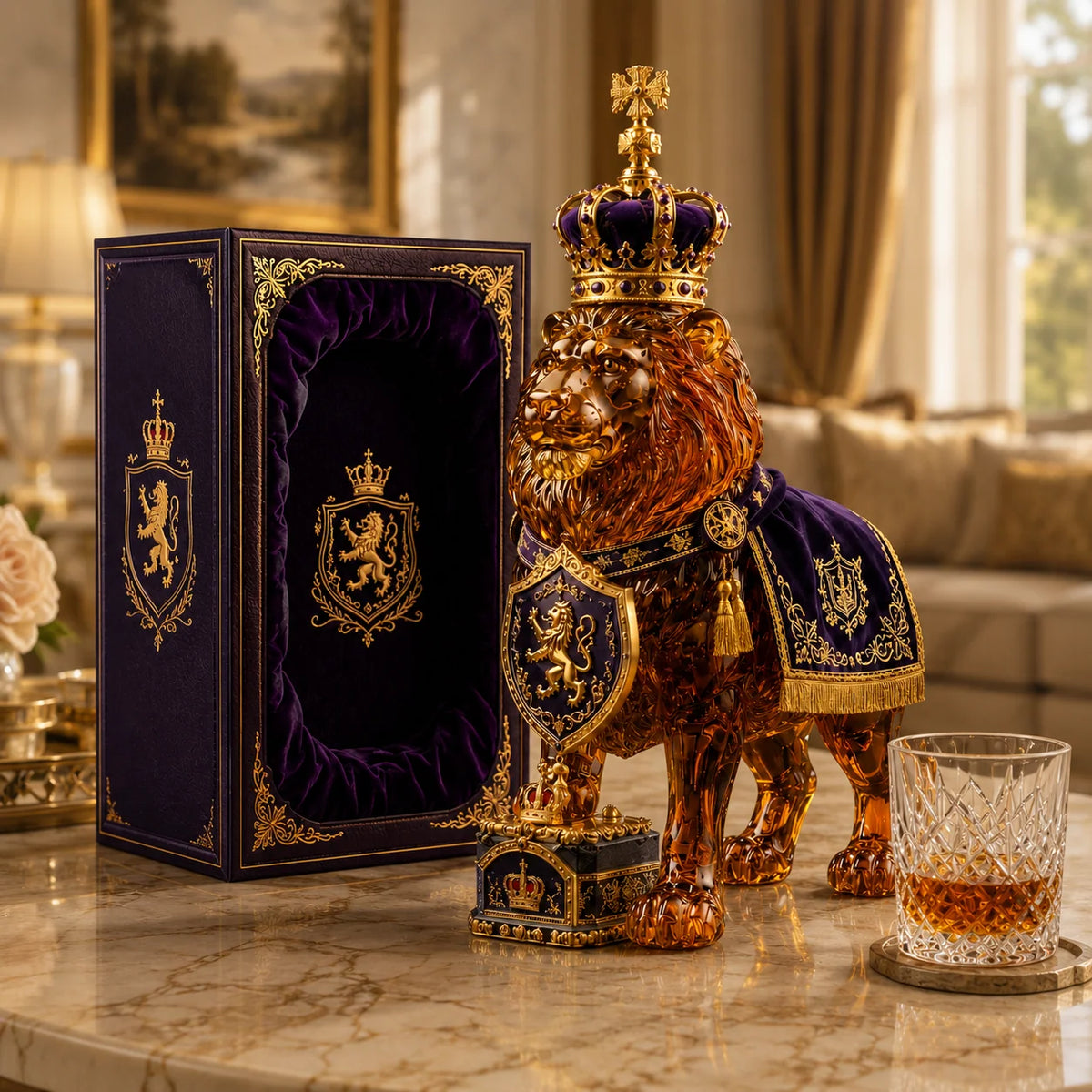 Whiskey Decanter Sculpted Lion Design 11.8 Oz Glass