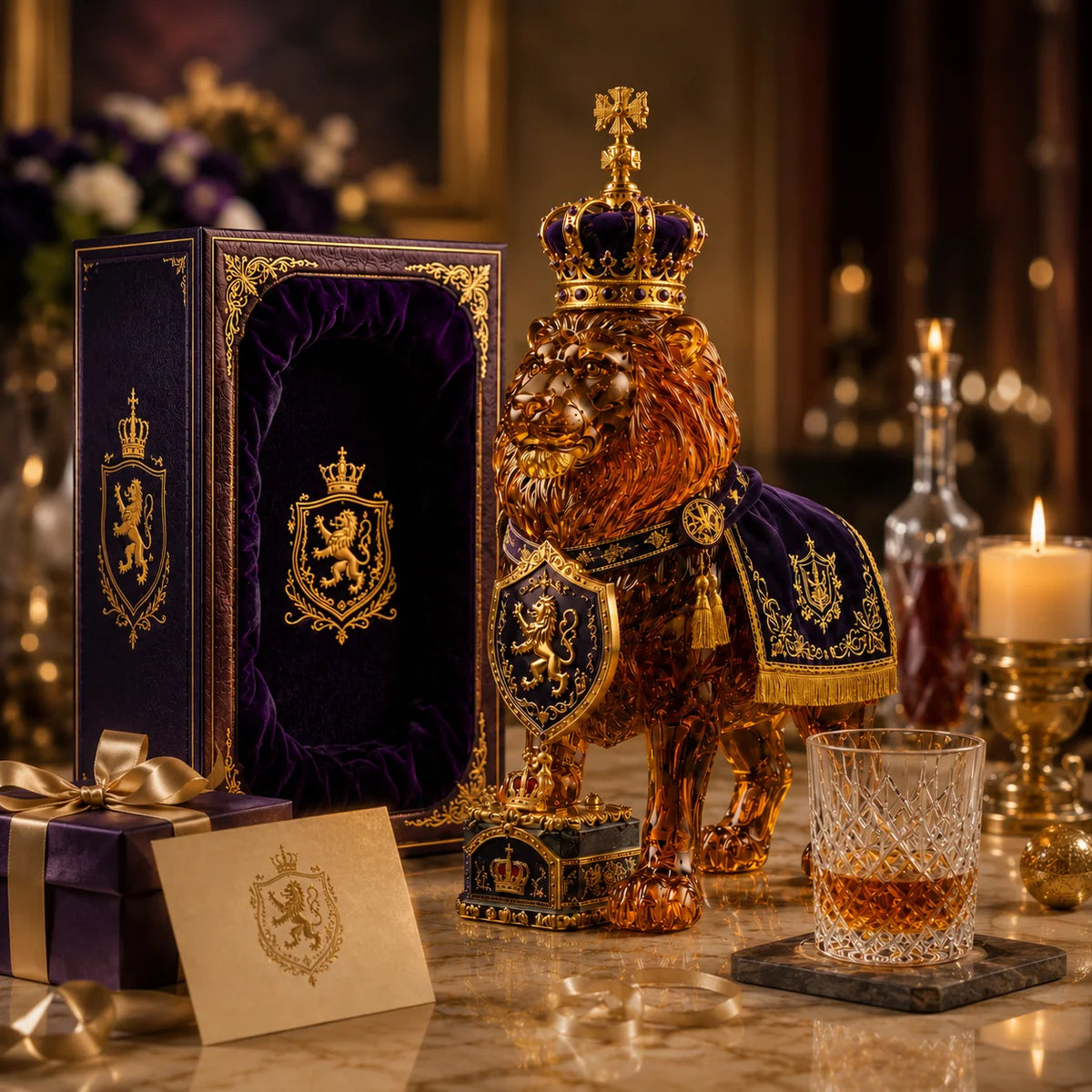 Whiskey Decanter Sculpted Lion Design 11.8 Oz Glass