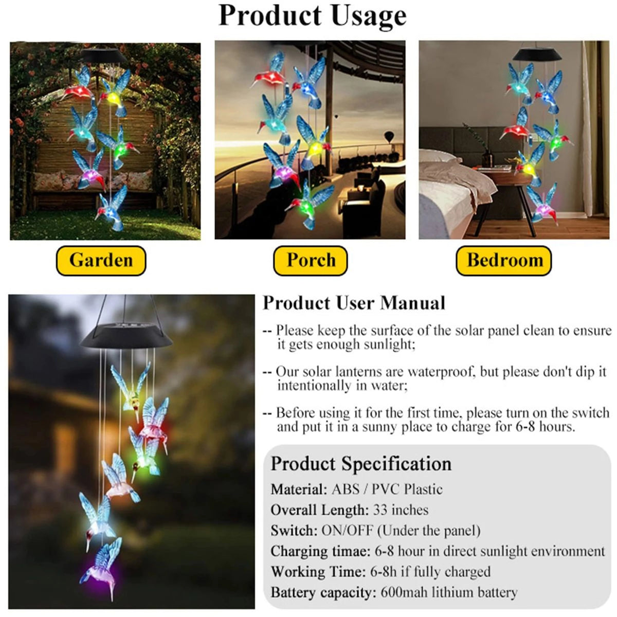 Wind Chime Light Solar Color-Changing Dusk Sensor