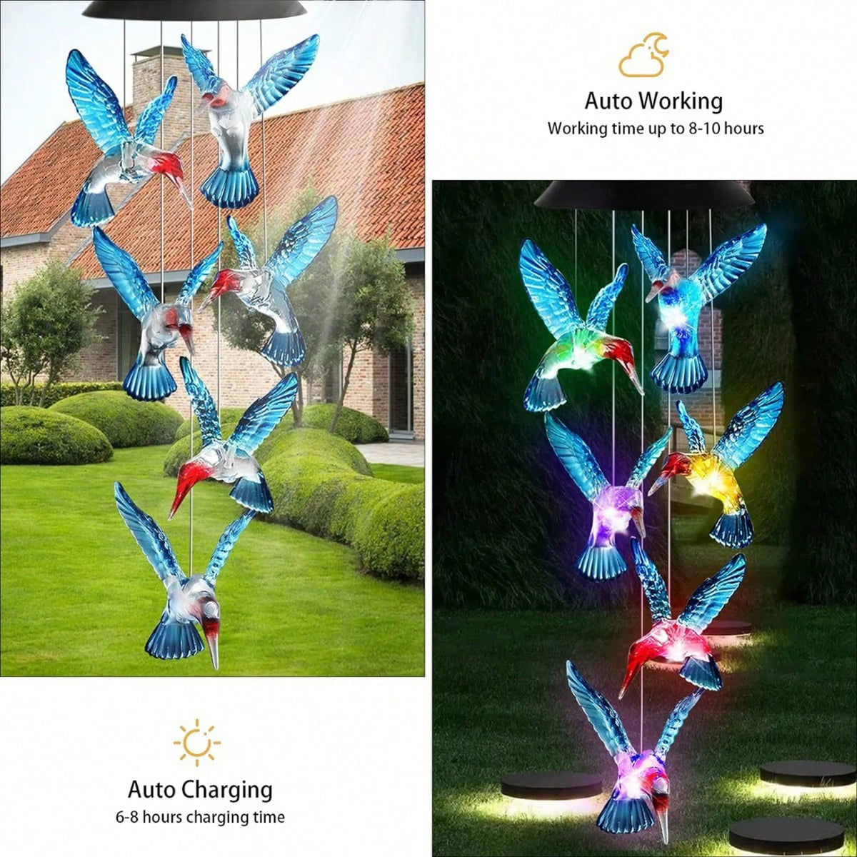 Wind Chime Light Solar-Powered Hummingbird Bulbs Dusk-To-Dawn