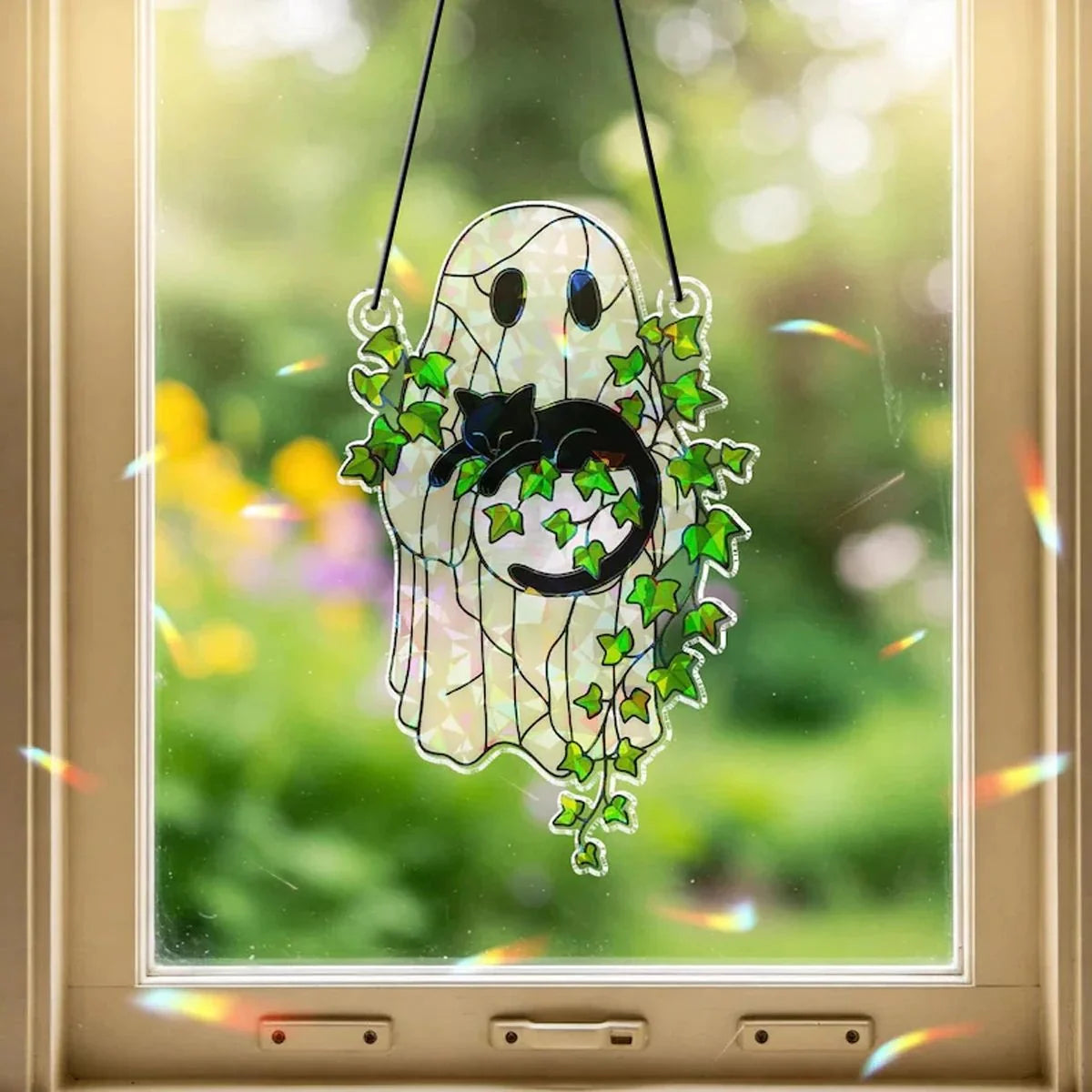 Window Suncatcher Acrylic Light-Transmitting Ghost, Cat & Leaf Motifs