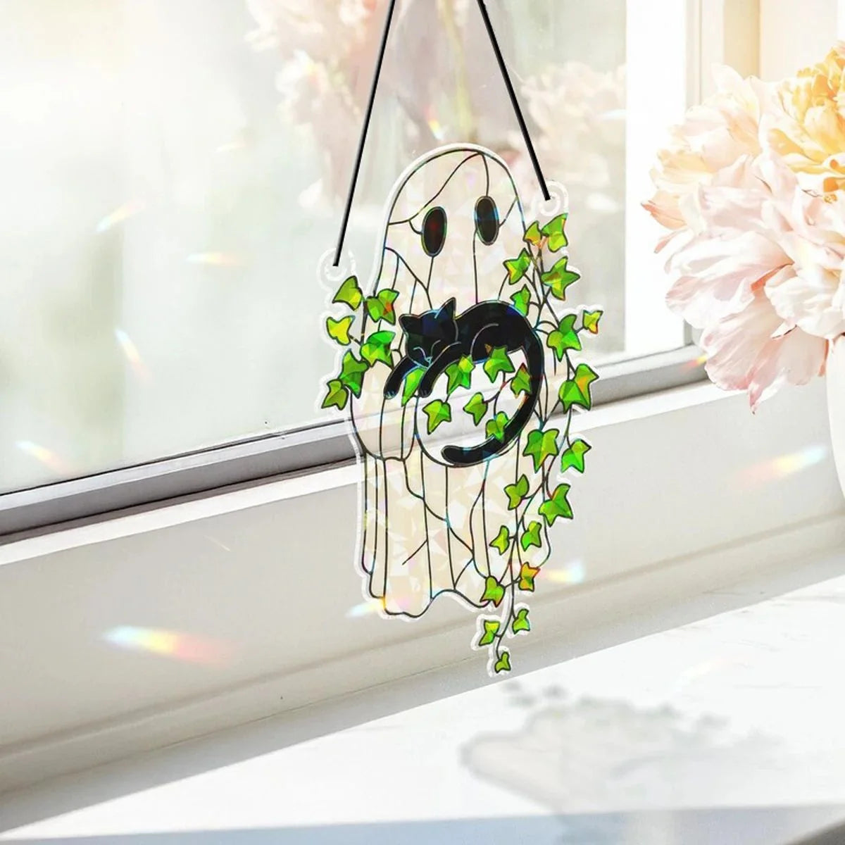Window Suncatcher Acrylic Light-Transmitting Ghost, Cat & Leaf Motifs