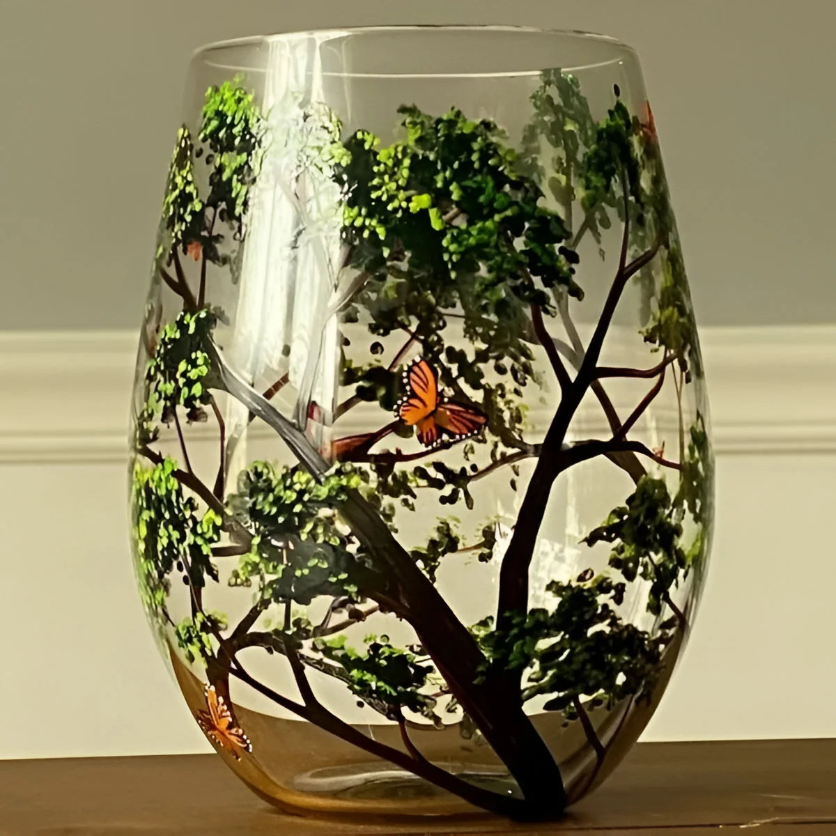 Wine Glass Hand-Painted Seasonal Tree Design Dishwasher Safe