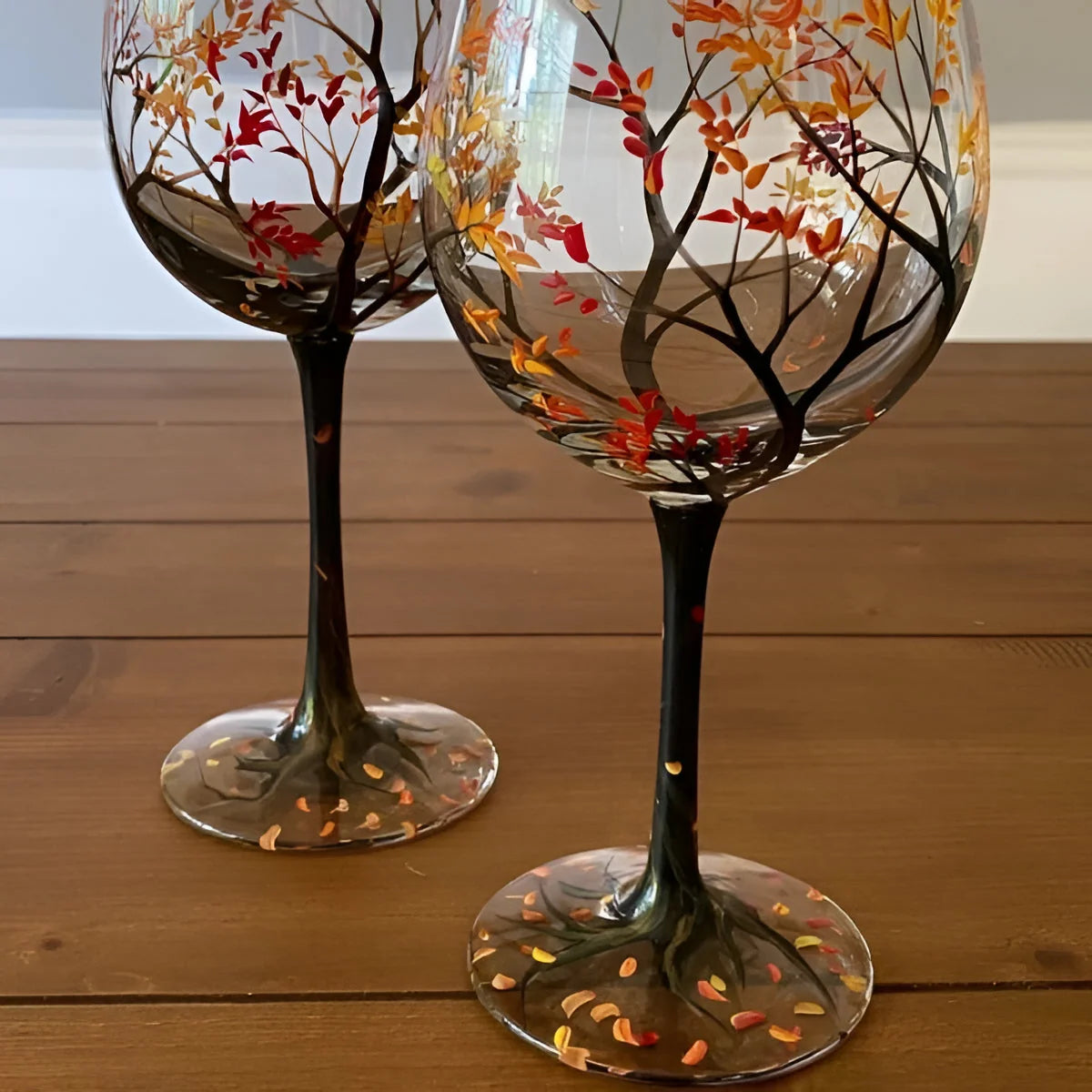 Wine Glass Hand-Painted Seasonal Tree Design Dishwasher Safe