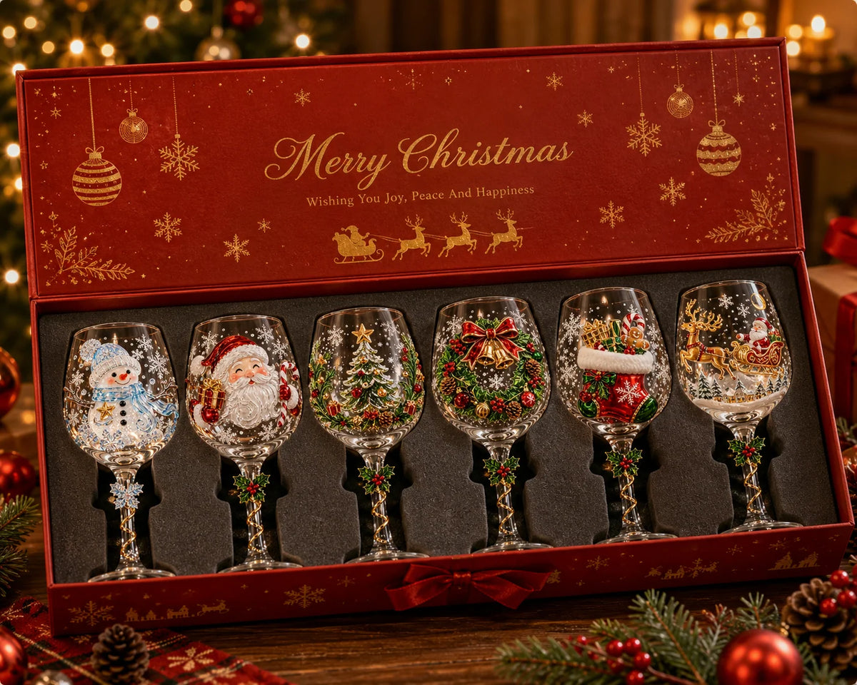 Wine Glasses Raised 3D Christmas Designs Set of 6