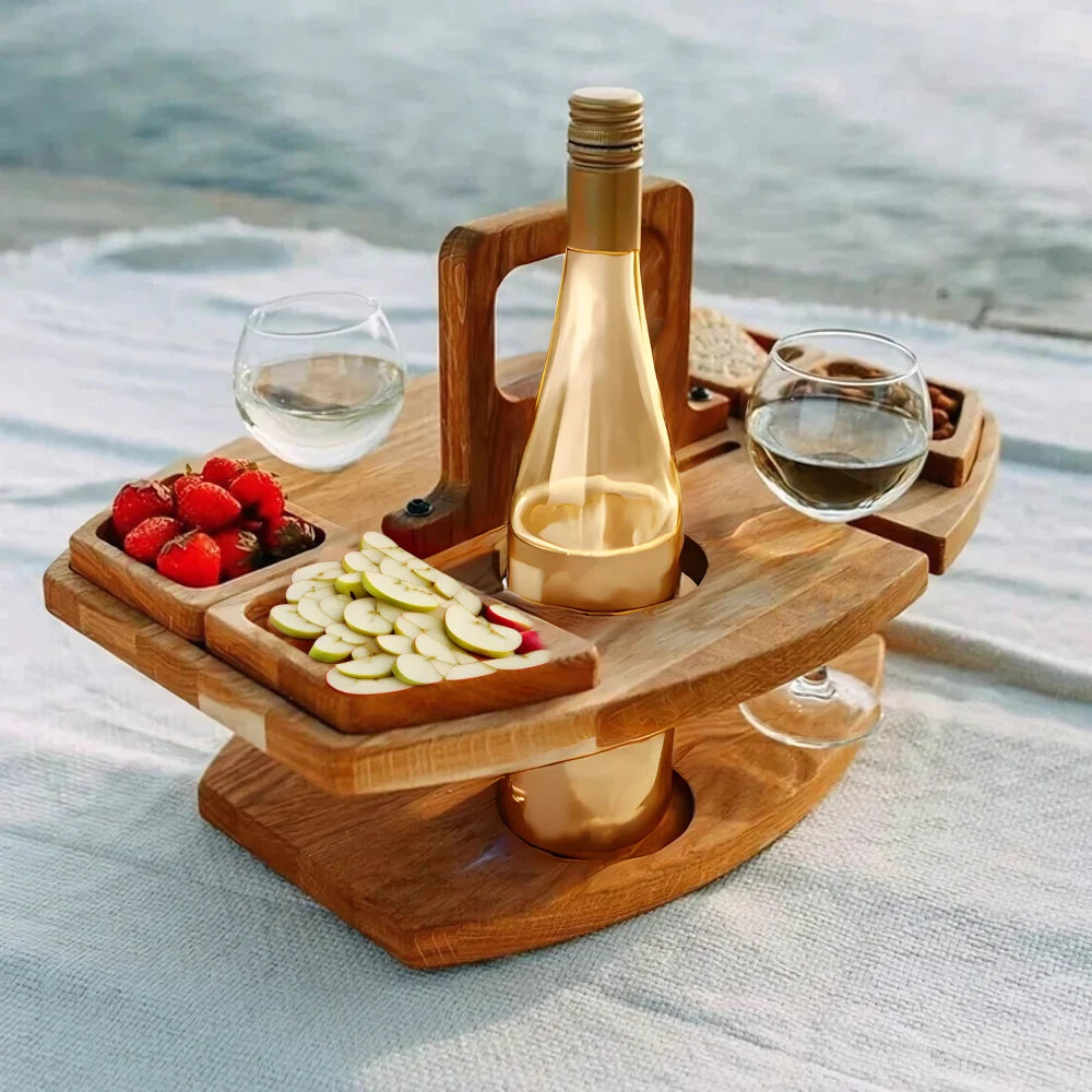 Wine Table Foldable Acacia Wood Glass & Bottle Holders