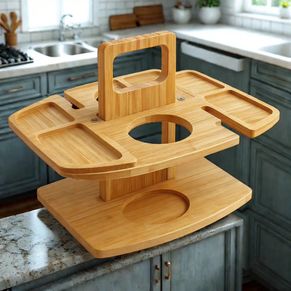 Wine Table Foldable Acacia Wood Glass & Bottle Holders
