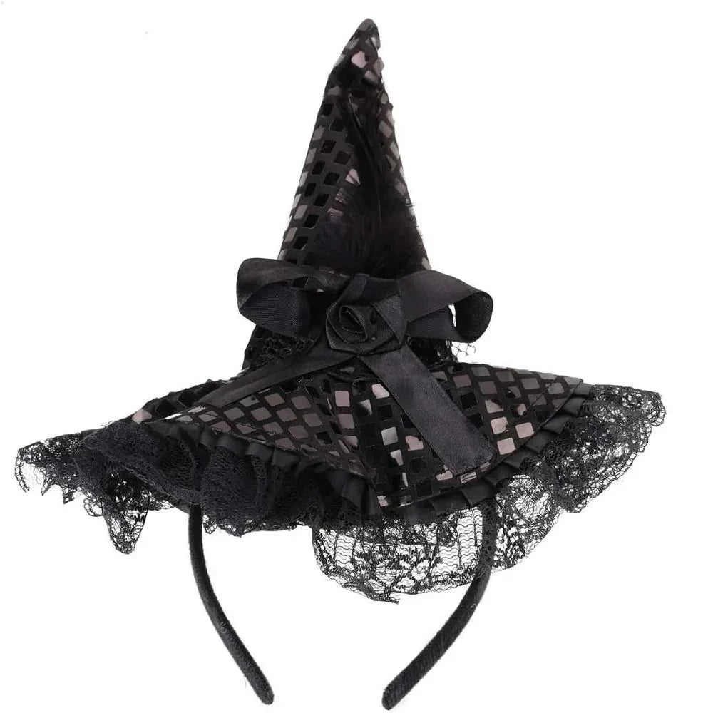 Witch Hat Gothic Lace Brim Feathers Shape-Retaining