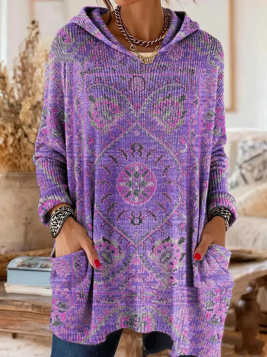 Women's Hooded Tunic Bohemian Print Relaxed Fit Long Sleeves