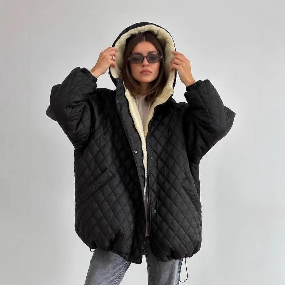 Women's Quilted Jacket Teddy Fleece Lined Oversized Hooded Fit