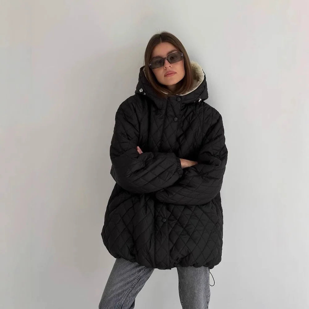 Women's Quilted Jacket Teddy Fleece Lined Oversized Hooded Fit