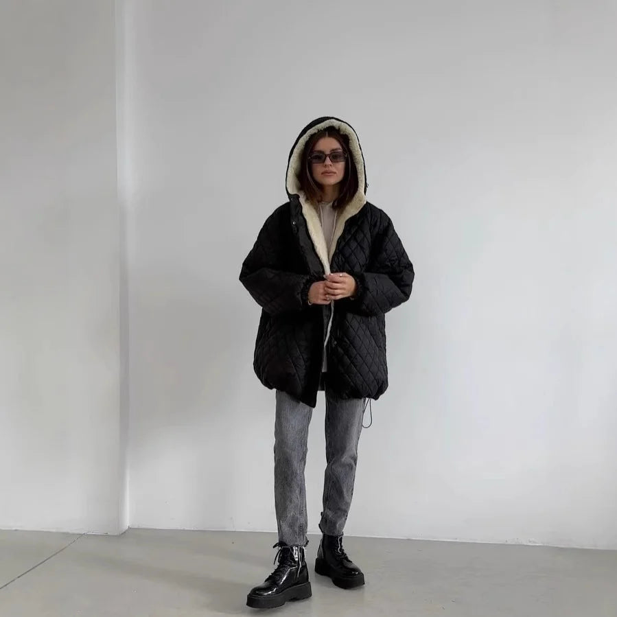 Women's Quilted Jacket Teddy Fleece Lined Oversized Hooded Fit
