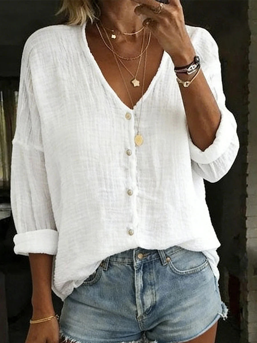 Women's Shirt Cotton-Linen Blend V-Neck Long Sleeve