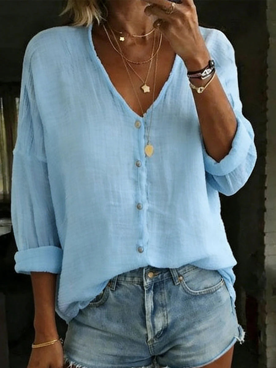 Women's Shirt Cotton-Linen Blend V-Neck Long Sleeve