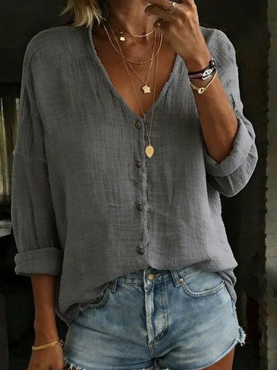 Women's Shirt Cotton-Linen Blend V-Neck Long Sleeve