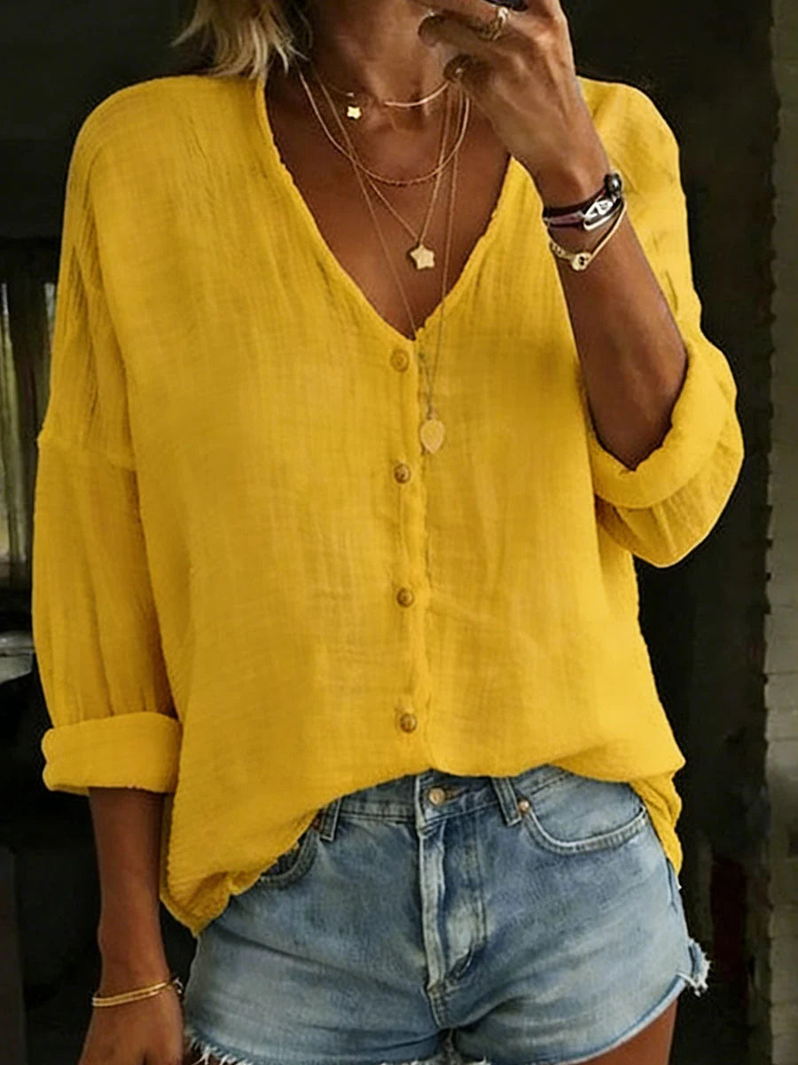 Women's Shirt Cotton-Linen Blend V-Neck Long Sleeve