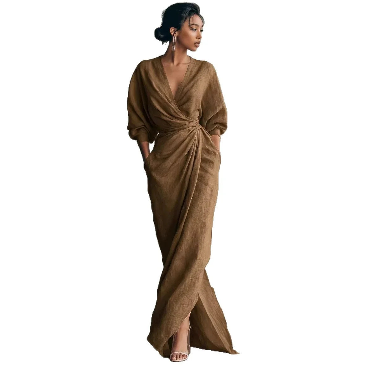 Wrap Maxi Dress Linen Blend Deep V-Neck