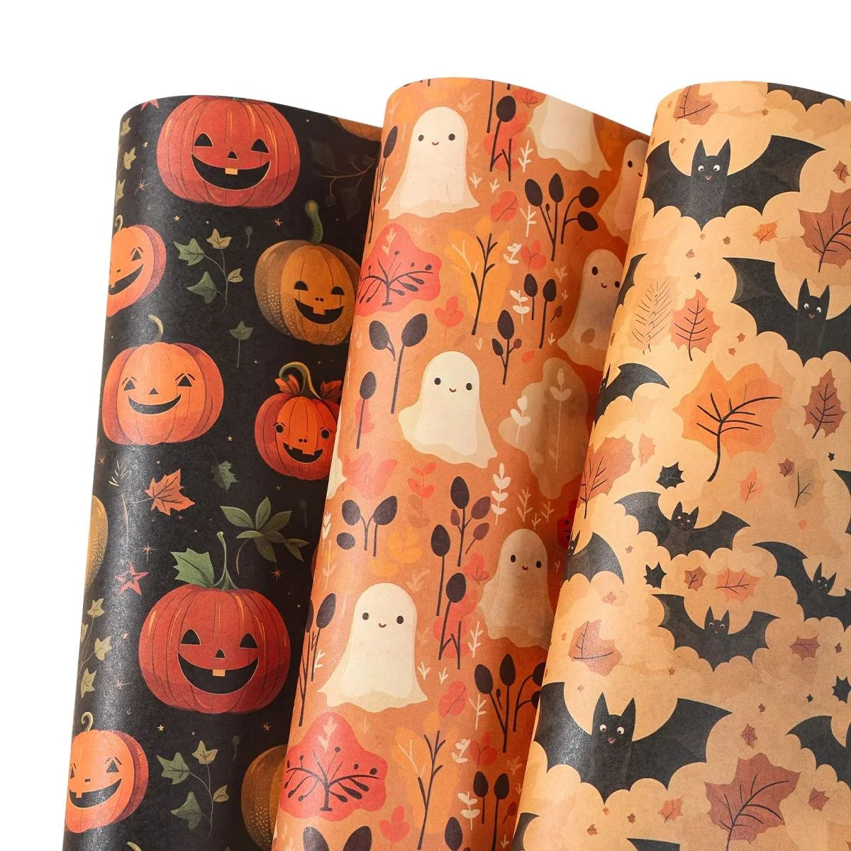Wrapping Paper Ghosts Pumpkins & Bats Set of 4