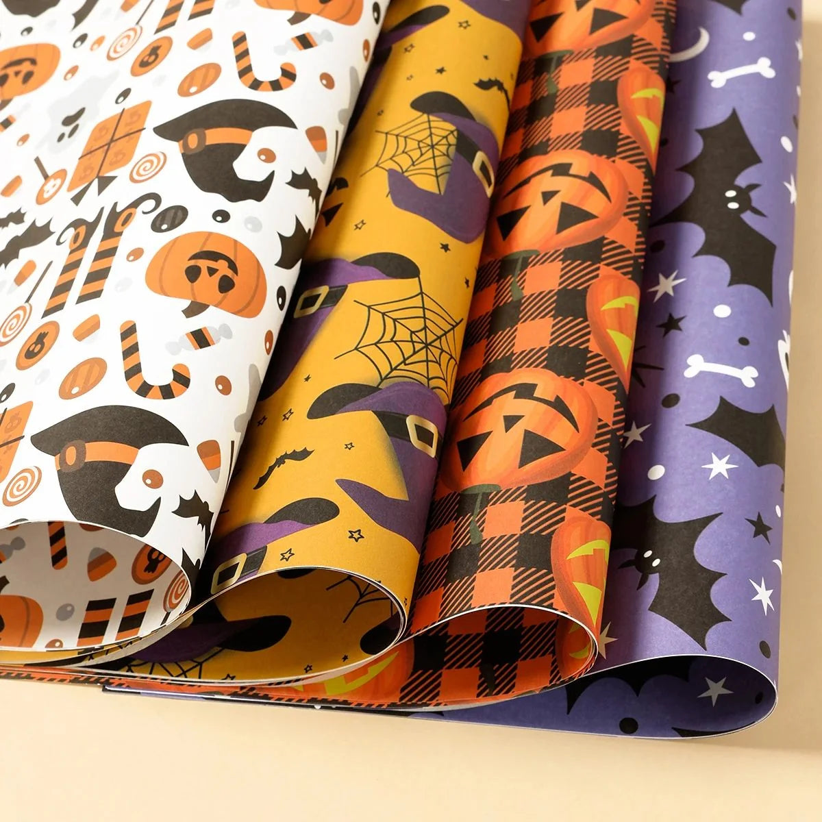 Wrapping Paper Ghosts Pumpkins & Bats Set of 4